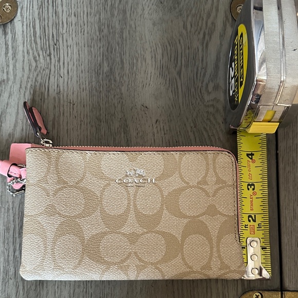 Coach Wristlet Wallet Double Zip Coated Canvas Light Khaki/Blush Bubblegum - Picture 12 of 14